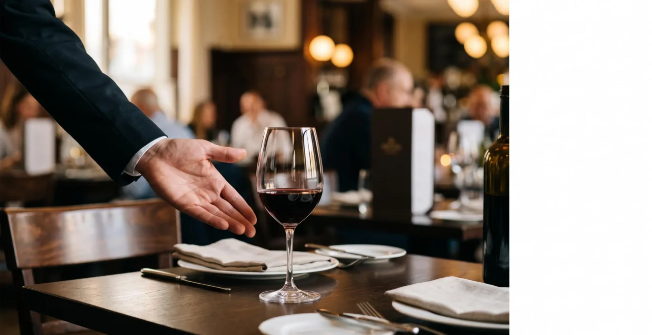 Serveur souriant penché avec discretion vers une table, offrant un conseil sans pression dans un restaurant chaleureux