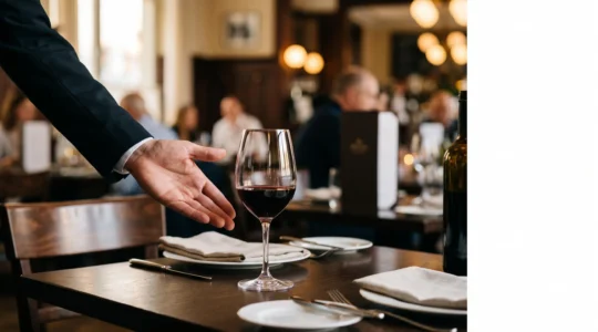 Serveur souriant penché avec discretion vers une table, offrant un conseil sans pression dans un restaurant chaleureux