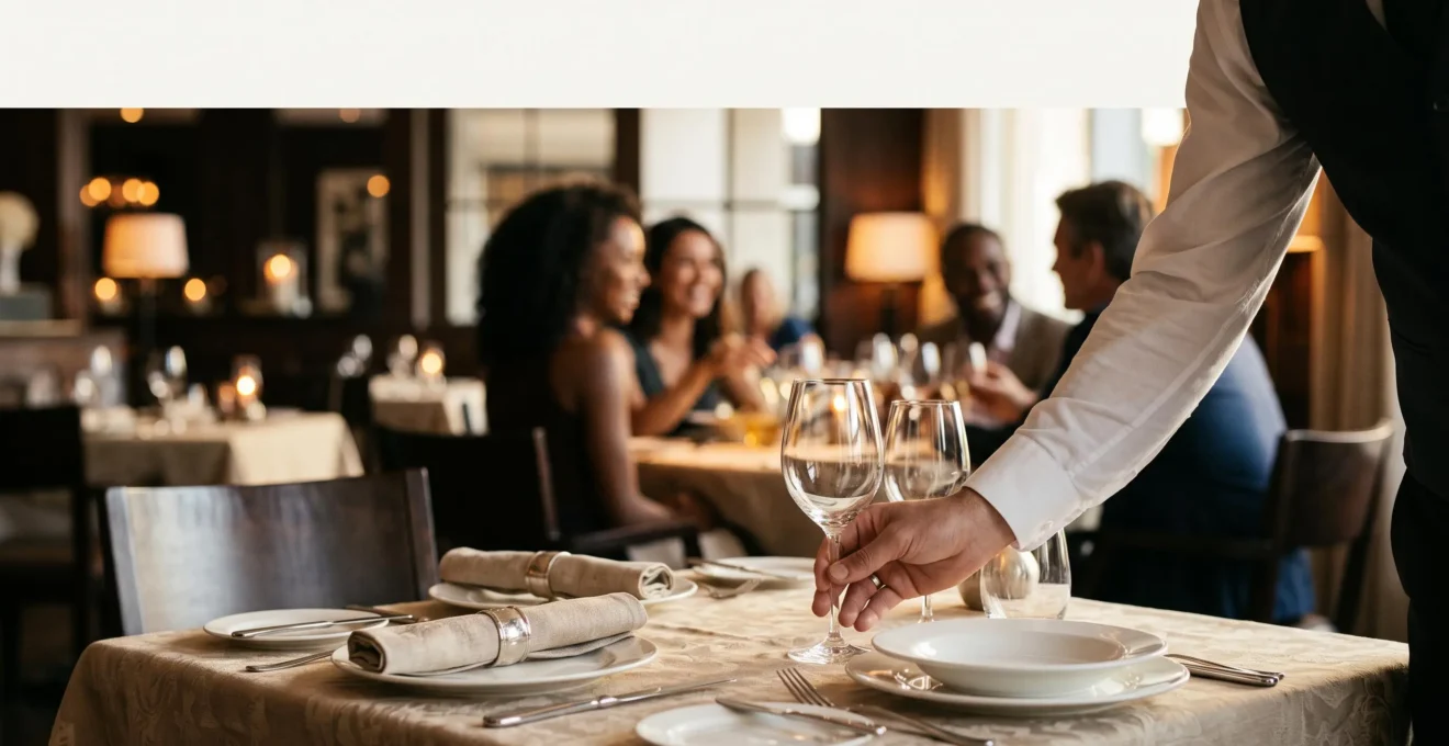 Salle de restaurant gastronomique où un serveur attentif interagit avec des convives, illustrant l'expérience client au-dela de la qualite des plats