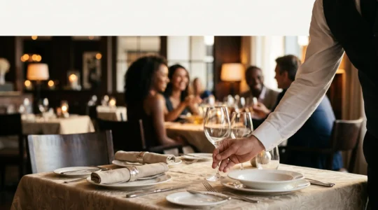 Salle de restaurant gastronomique où un serveur attentif interagit avec des convives, illustrant l'expérience client au-dela de la qualite des plats