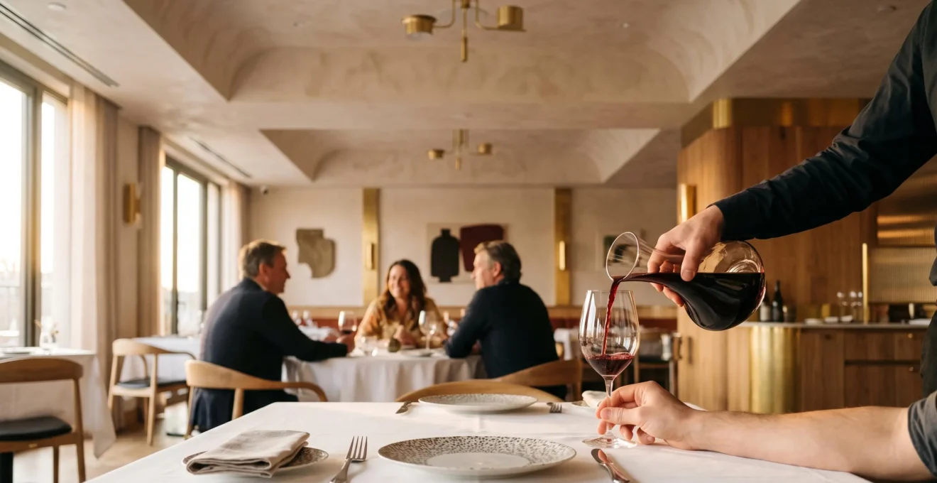 Salle de restaurant chaleureuse et élégante où un serveur sert un verre de vin à une table dressée avec soin, illustrant l'équilibre entre expérience client premium et rentabilité.