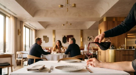Salle de restaurant chaleureuse et élégante où un serveur sert un verre de vin à une table dressée avec soin, illustrant l'équilibre entre expérience client premium et rentabilité.