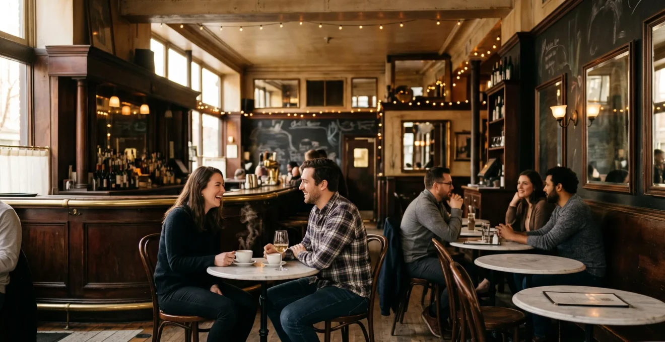 Salle interieure chaleureuse d'une brasserie de quartier animee, symbole d'un lieu de rendez-vous convivial