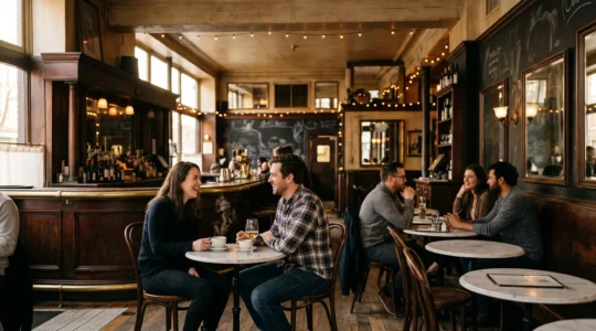Salle interieure chaleureuse d'une brasserie de quartier animee, symbole d'un lieu de rendez-vous convivial