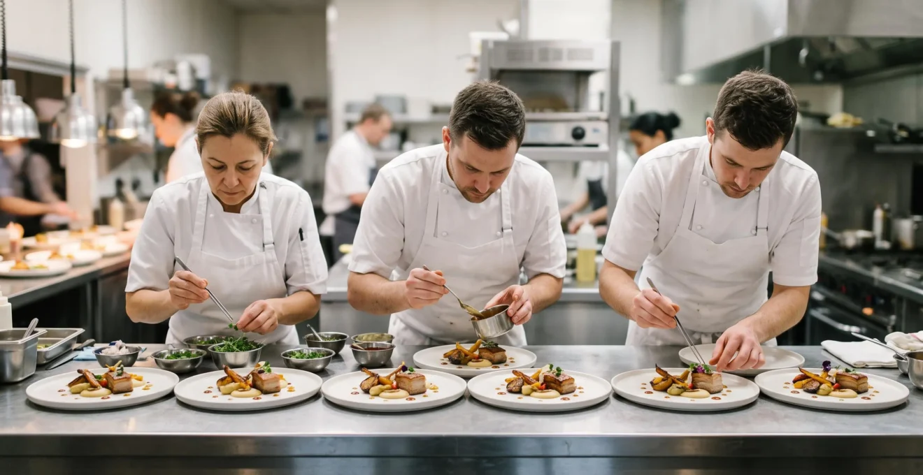 Une brigade de cuisine alignée devant une série d'assiettes dressées à l'identique, symbolisant la formation à la régularité culinaire