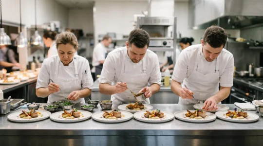 Une brigade de cuisine alignée devant une série d'assiettes dressées à l'identique, symbolisant la formation à la régularité culinaire