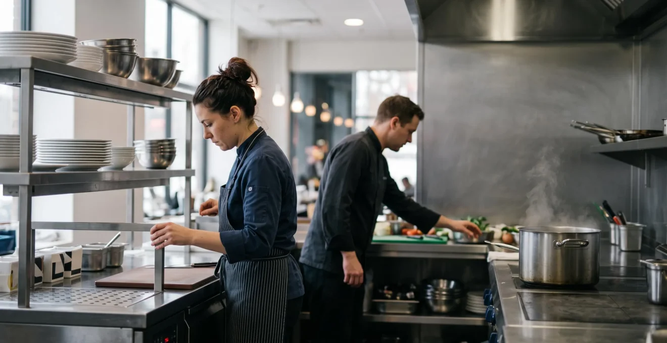 Chef et commis organisant leurs postes de travail dans une cuisine professionnelle lumineuse et bien agencée