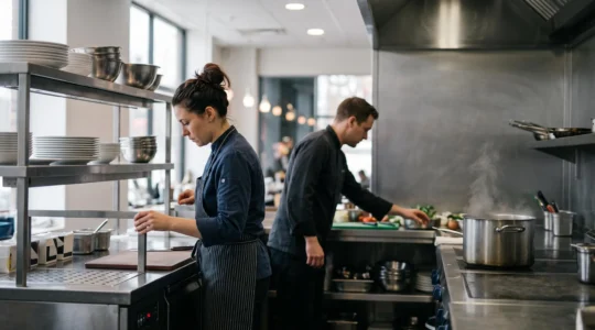 Chef et commis organisant leurs postes de travail dans une cuisine professionnelle lumineuse et bien agencée