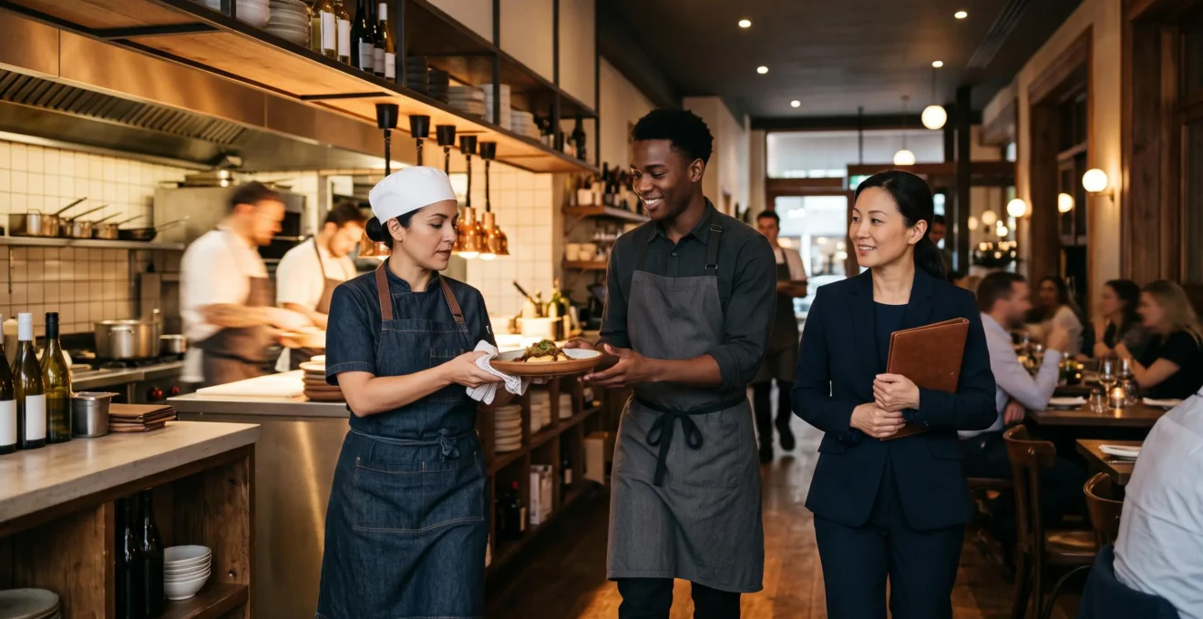 Équipe de restaurant en pleine synchronisation pendant un service, illustrant l'équilibre entre satisfaction d'équipe et maîtrise de la masse salariale.
