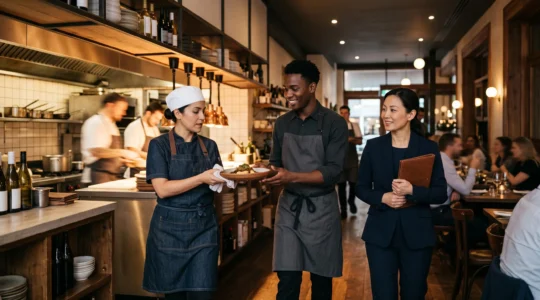Équipe de restaurant en pleine synchronisation pendant un service, illustrant l'équilibre entre satisfaction d'équipe et maîtrise de la masse salariale.