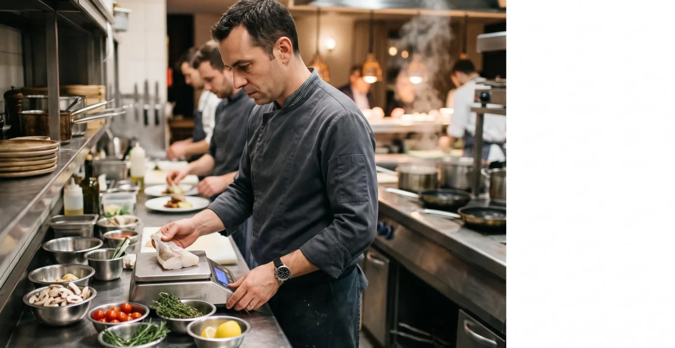 Chef cuisinier professionnel évaluant des ingrédients frais dans une cuisine de restaurant pour maîtriser ses coûts matières
