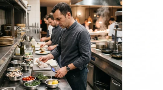 Chef cuisinier professionnel évaluant des ingrédients frais dans une cuisine de restaurant pour maîtriser ses coûts matières