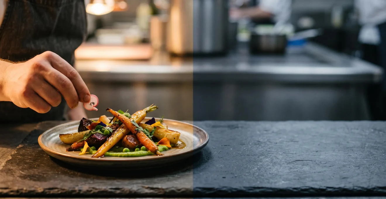 Assiette gastronomique composée de légumes de saison disposés en clair-obscur, symbolisant l'équilibre entre créativité et rentabilité en cuisine