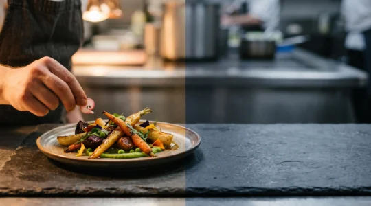 Assiette gastronomique composée de légumes de saison disposés en clair-obscur, symbolisant l'équilibre entre créativité et rentabilité en cuisine
