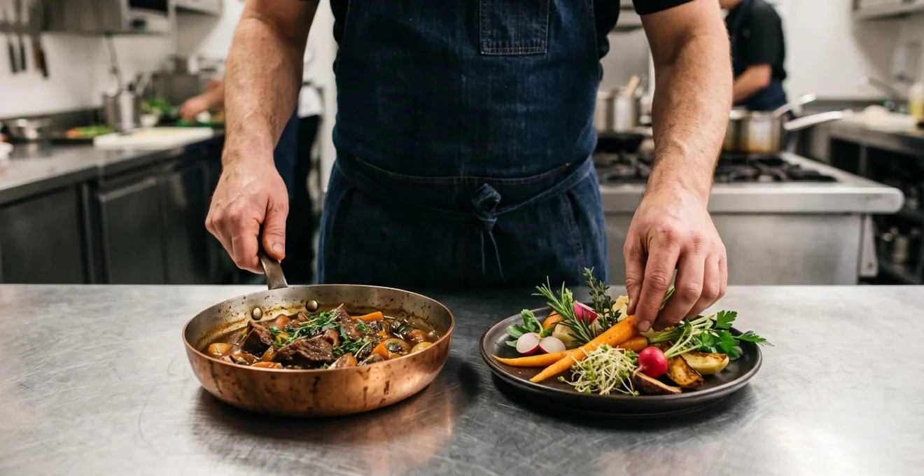 Un chef dans sa cuisine, entre gestes traditionnels et ingrédients végétaux contemporains, symbolisant l'équilibre entre identité culinaire et nouvelles attentes alimentaires