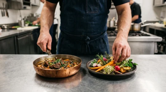Un chef dans sa cuisine, entre gestes traditionnels et ingrédients végétaux contemporains, symbolisant l'équilibre entre identité culinaire et nouvelles attentes alimentaires