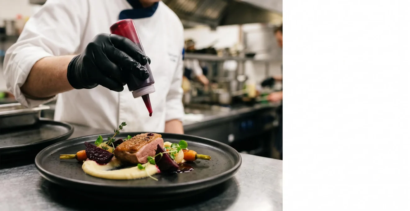 Chef professionnel dressant avec précision une assiette gastronomique colorée dans une cuisine soignée