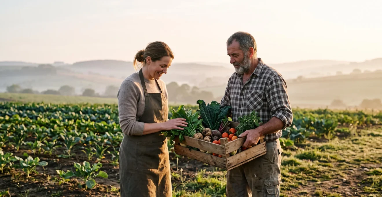 Un chef cuisinier et un producteur local se serrent la main au milieu d'un champ de légumes au lever du soleil, symbolisant un partenariat de circuit court