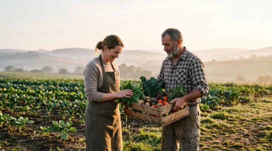 Un chef cuisinier et un producteur local se serrent la main au milieu d'un champ de légumes au lever du soleil, symbolisant un partenariat de circuit court