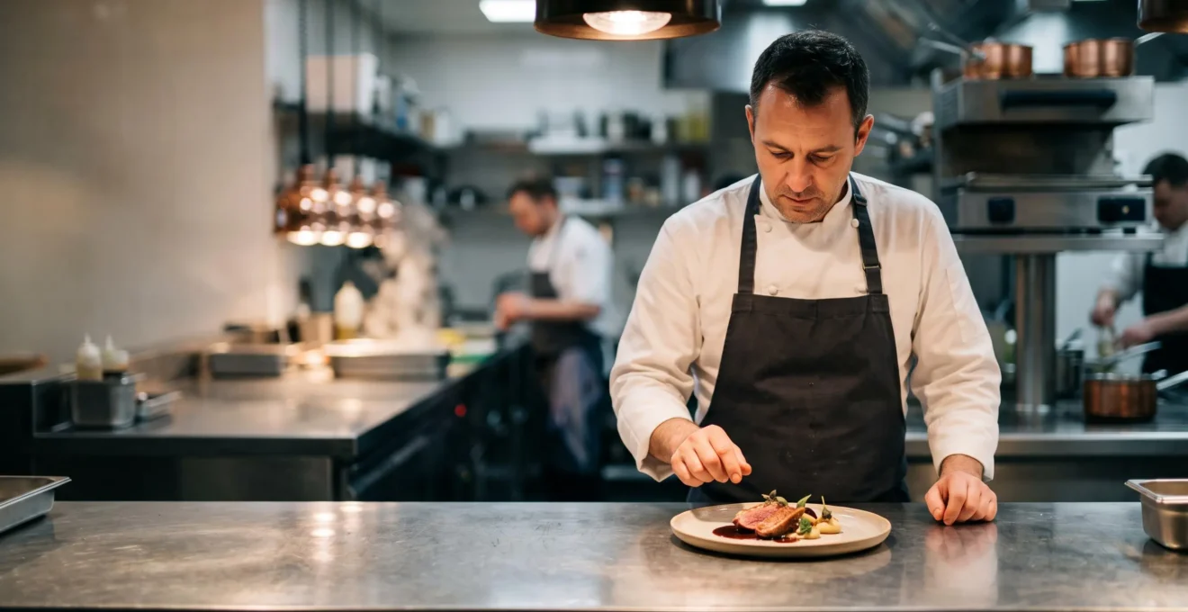 Chef examinant attentivement une assiette test sur un plan de travail en inox dans une cuisine professionnelle