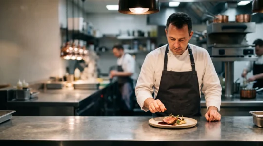 Chef examinant attentivement une assiette test sur un plan de travail en inox dans une cuisine professionnelle