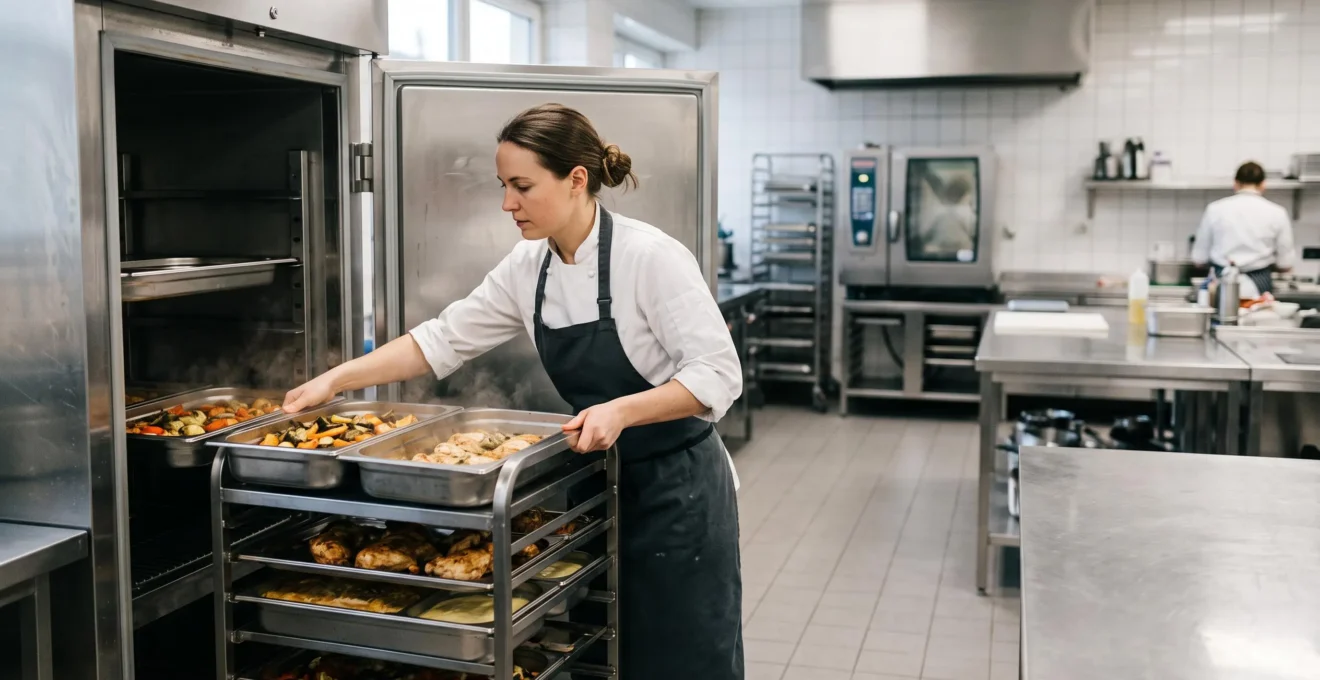 Chef cuisinier rangeant méthodiquement des bacs gastronormes dans une cellule de refroidissement rapide en cuisine professionnelle
