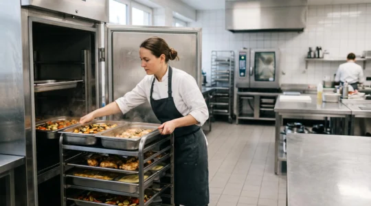 Chef cuisinier rangeant méthodiquement des bacs gastronormes dans une cellule de refroidissement rapide en cuisine professionnelle