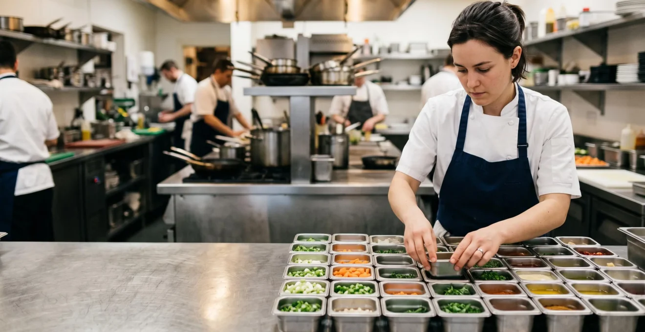 Chef cuisinier organisant méthodiquement sa mise en place dans une cuisine professionnelle avant le coup de feu