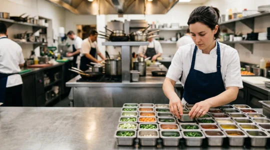 Chef cuisinier organisant méthodiquement sa mise en place dans une cuisine professionnelle avant le coup de feu