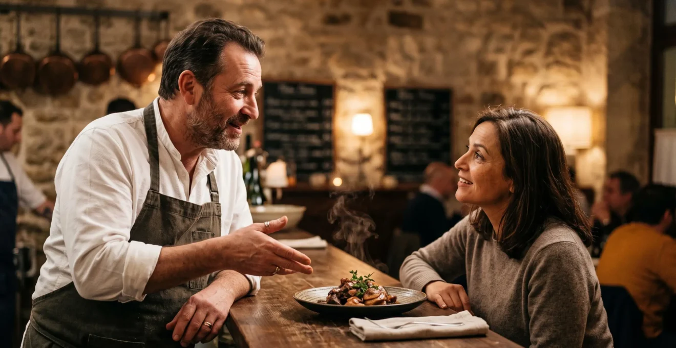 Un chef partage avec émotion l'histoire d'un plat à un client attentif dans un restaurant gastronomique