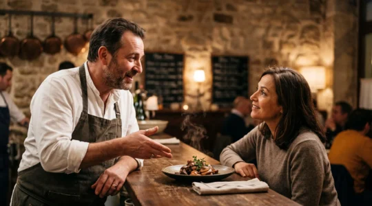 Un chef partage avec émotion l'histoire d'un plat à un client attentif dans un restaurant gastronomique