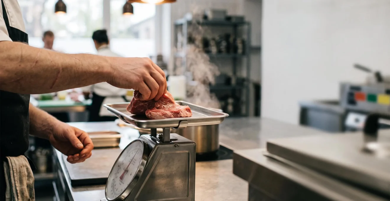 Un chef de cuisine vérifie le poids d'une matière première sur une balance professionnelle, symbole du contrôle des coûts matières avant qu'une dérive ne s'installe