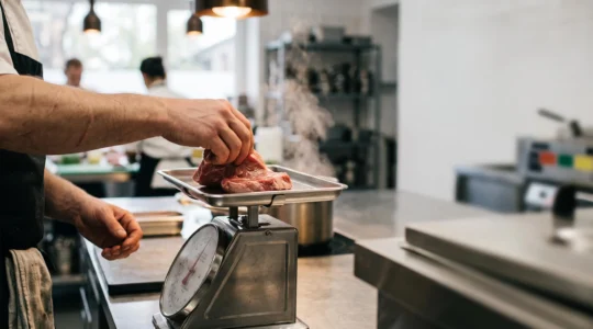 Un chef de cuisine vérifie le poids d'une matière première sur une balance professionnelle, symbole du contrôle des coûts matières avant qu'une dérive ne s'installe