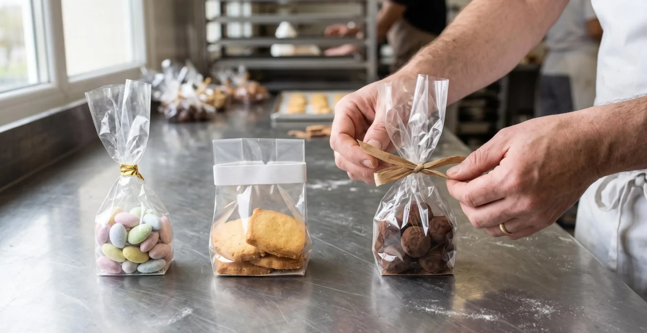 Trois sachets fermés avec une attache torsadée, un élastique large et un bolduc sont alignés sur une table de travail en inox.