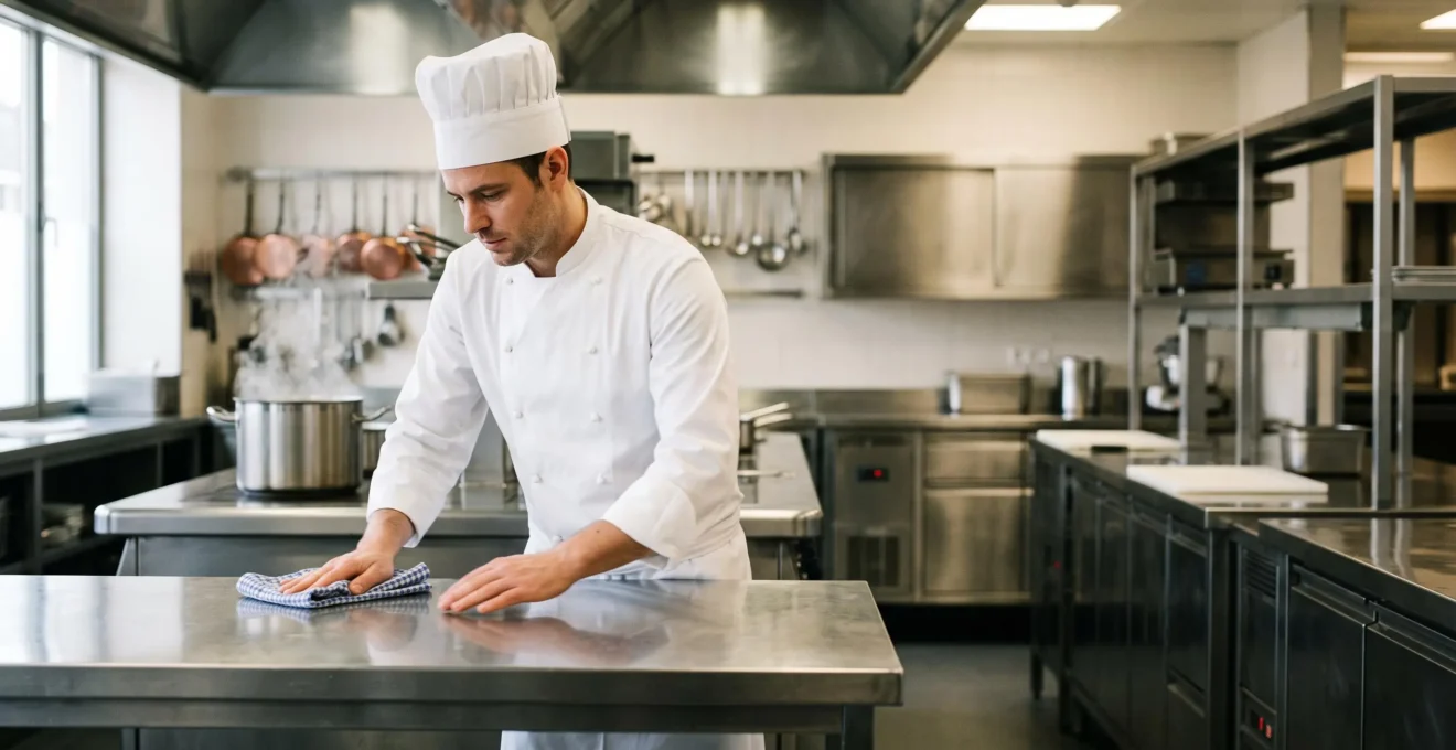Chef cuisinier appliquant rigoureusement les normes d'hygiène HACCP dans une cuisine professionnelle impeccable