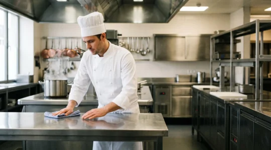 Chef cuisinier appliquant rigoureusement les normes d'hygiène HACCP dans une cuisine professionnelle impeccable