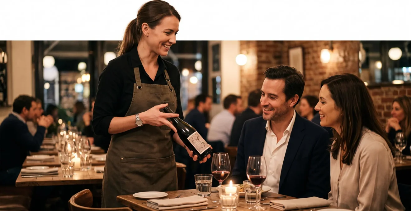 Un serveur en salle présente avec assurance une bouteille de vin à une table de clients dans un restaurant gastronomique