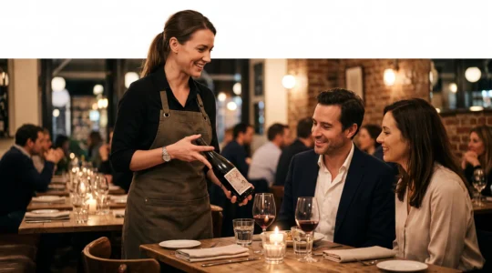 Un serveur en salle présente avec assurance une bouteille de vin à une table de clients dans un restaurant gastronomique