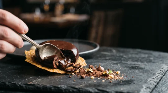 Gros plan artistique sur une assiette gastronomique mettant en scène plusieurs contrastes de textures culinaires