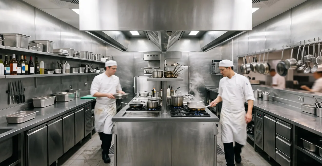 Cuisine professionnelle moderne agencee en flux logique avec brigade en mouvement synchronise