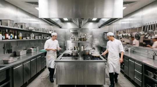 Cuisine professionnelle moderne agencee en flux logique avec brigade en mouvement synchronise