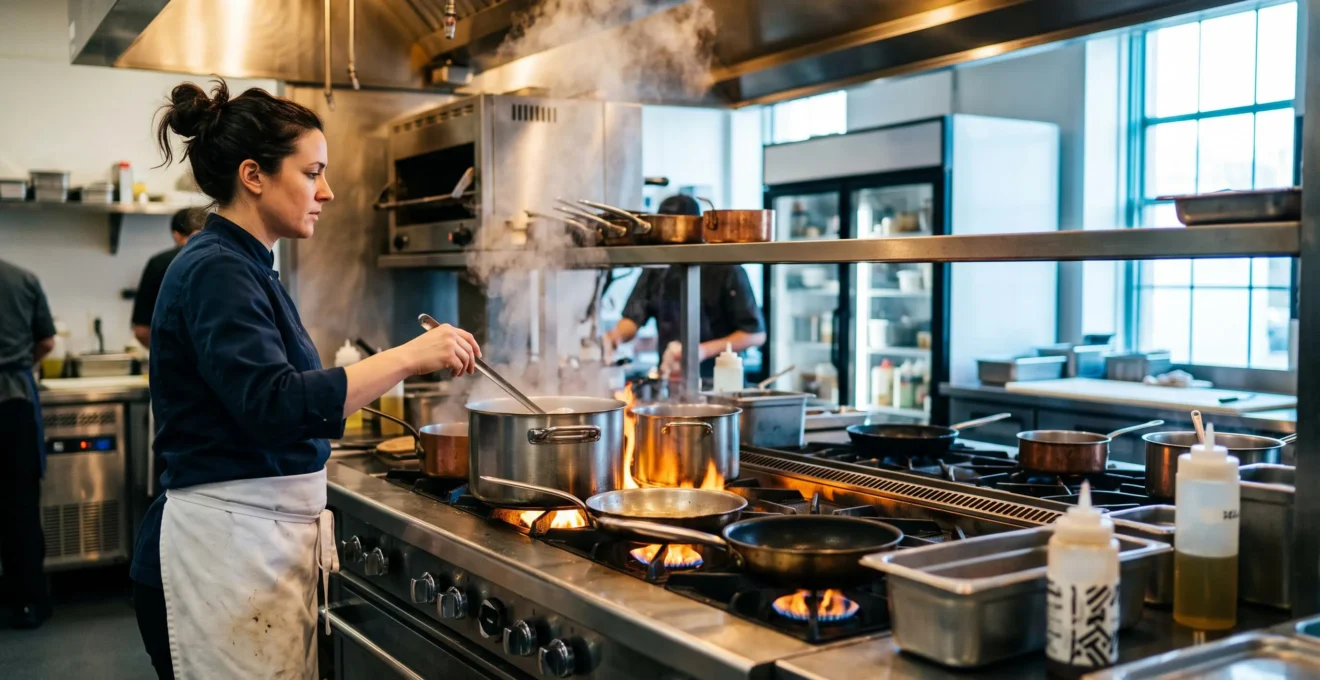 Chef en cuisine professionnelle observant la chaleur dégagée par un piano de cuisson, symbolisant la maîtrise de l'énergie en restauration