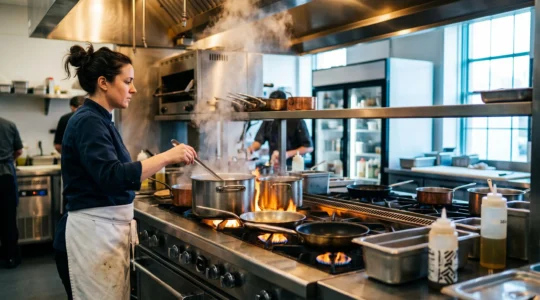 Chef en cuisine professionnelle observant la chaleur dégagée par un piano de cuisson, symbolisant la maîtrise de l'énergie en restauration
