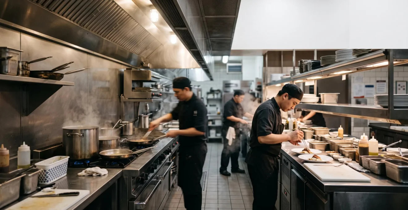 Cuisine professionnelle en plein coup de feu avec du matériel robuste sollicité à pleine capacité