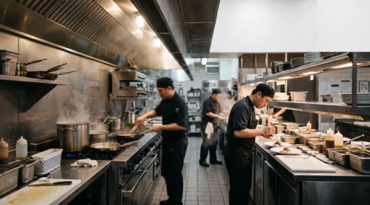 Cuisine professionnelle en plein coup de feu avec du matériel robuste sollicité à pleine capacité
