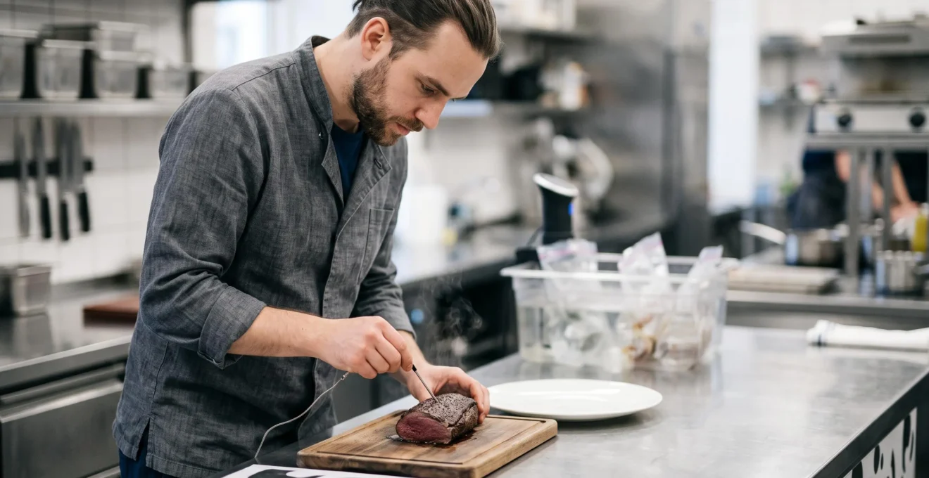 Chef professionnel contrôlant la température à cœur d'une pièce de viande avec une sonde dans une cuisine gastronomique
