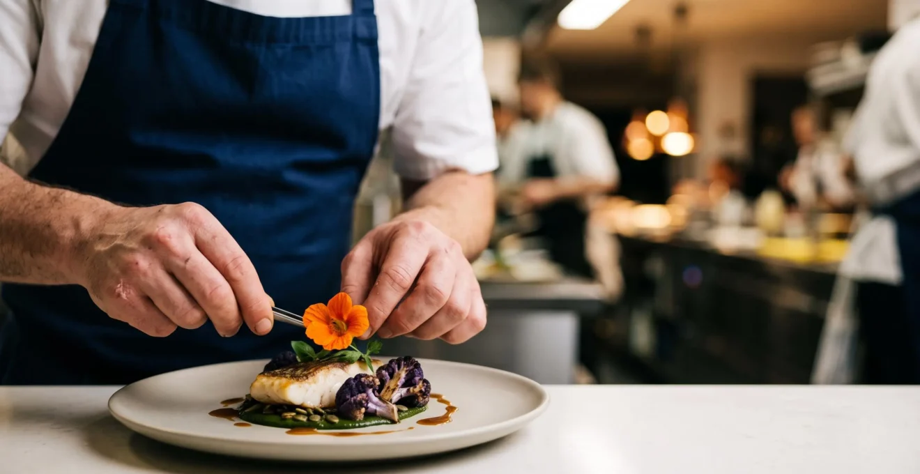 Chef dressant avec precision une assiette gastronomique alliant deux ingredients aux textures contrastees