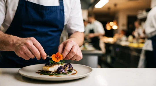 Chef dressant avec precision une assiette gastronomique alliant deux ingredients aux textures contrastees