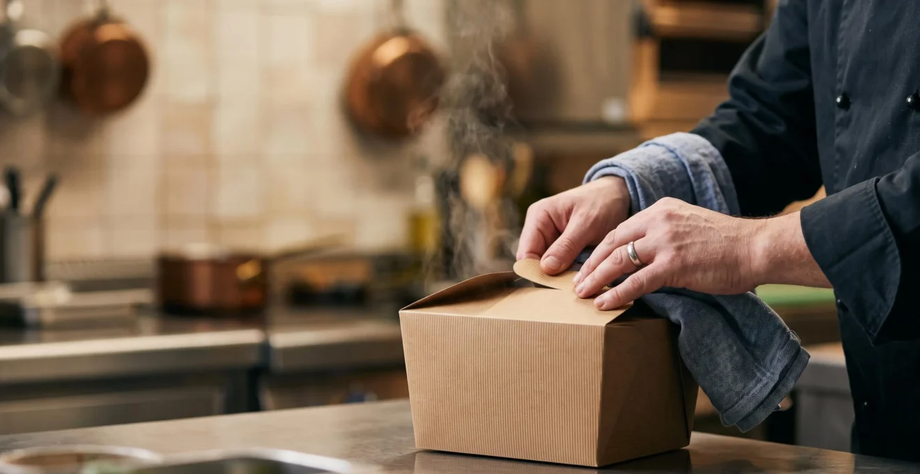 Chef professionnel disposant avec soin un plat dans un emballage à emporter design et épuré, symbolisant la protection du plat et l'image du restaurant.