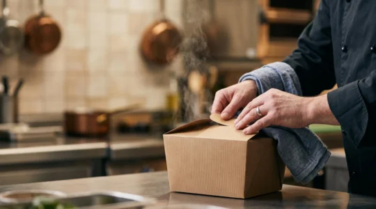 Chef professionnel disposant avec soin un plat dans un emballage à emporter design et épuré, symbolisant la protection du plat et l'image du restaurant.